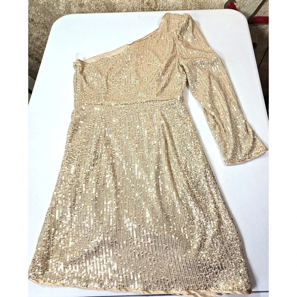 NWT  DO+BE Women Size L Lined Sequin Gold One Sleeve Gathered Side Mini Dress - Picture 4 of 10